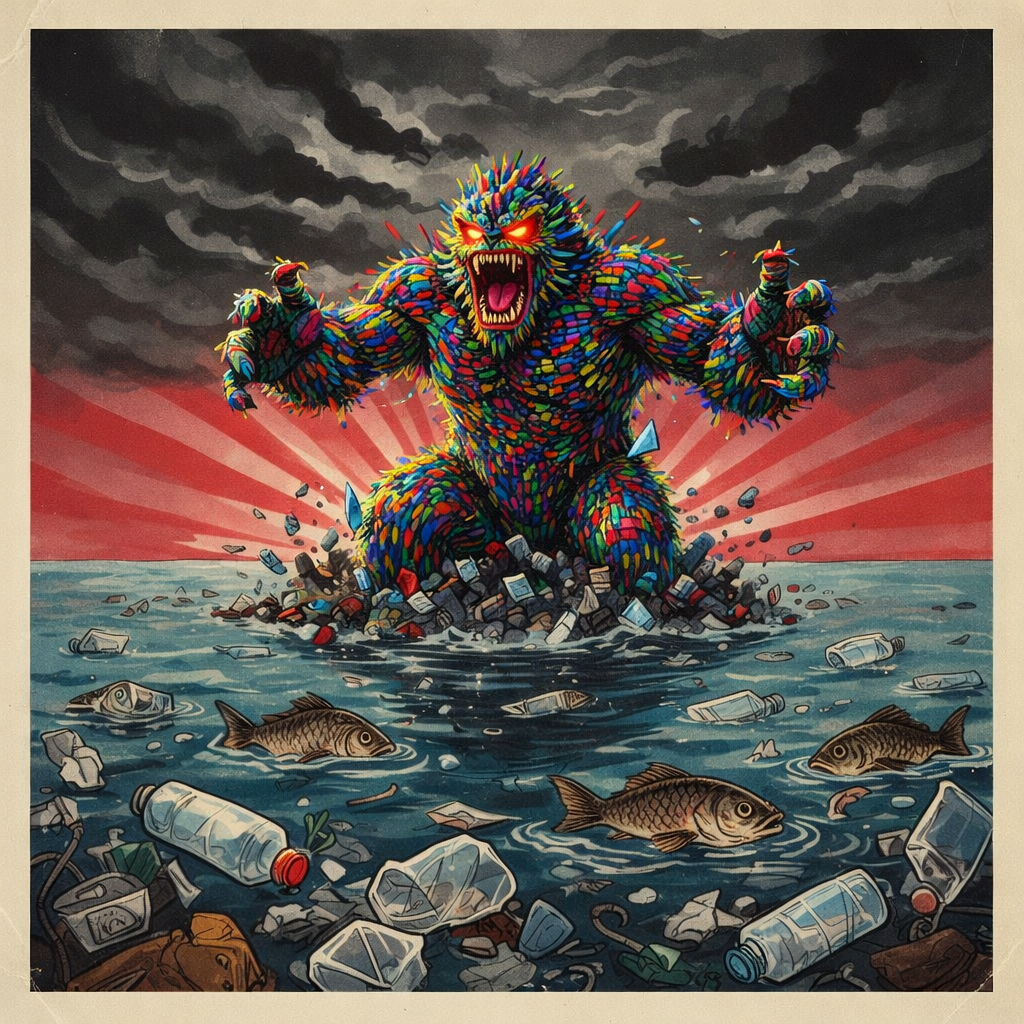 Plasti Kong rising from the ocean, made of colorful plastic waste