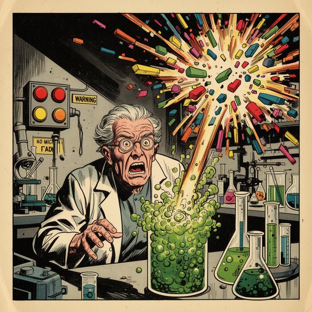 Mad scientist in laboratory as experiment goes wrong