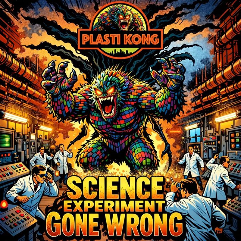 Silhouette of monster rising from polluted ocean filled with plastic